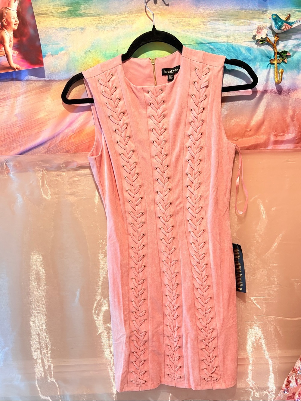 bebe Pink Lace-Up Ribbed Mini Dress